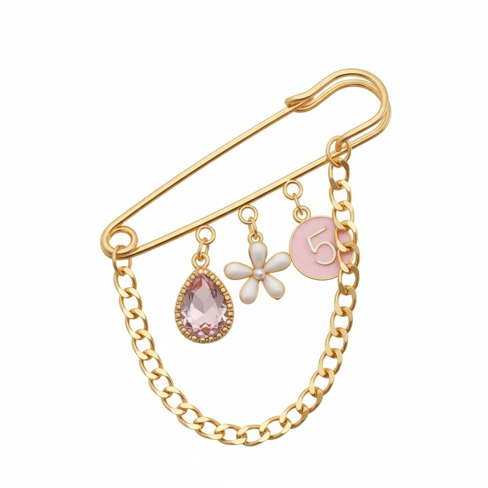 Gold-Tone Safety Pin Charm Brooch with Pink Crystal and Enamel Flower